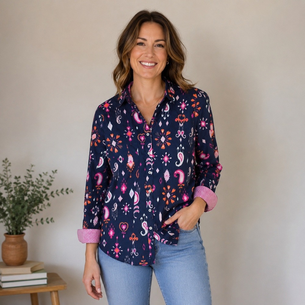 Talbots Cotton Button Down Shirt Womens Medium‎ Navy Blue Pink Ikat Paisley